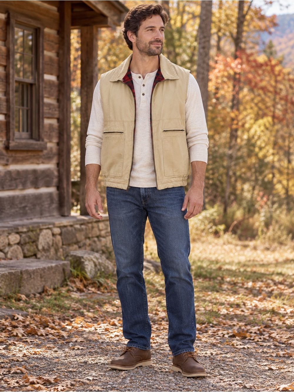 St. John's Bay Beige Quilted Utility Vest with Plaid Trim